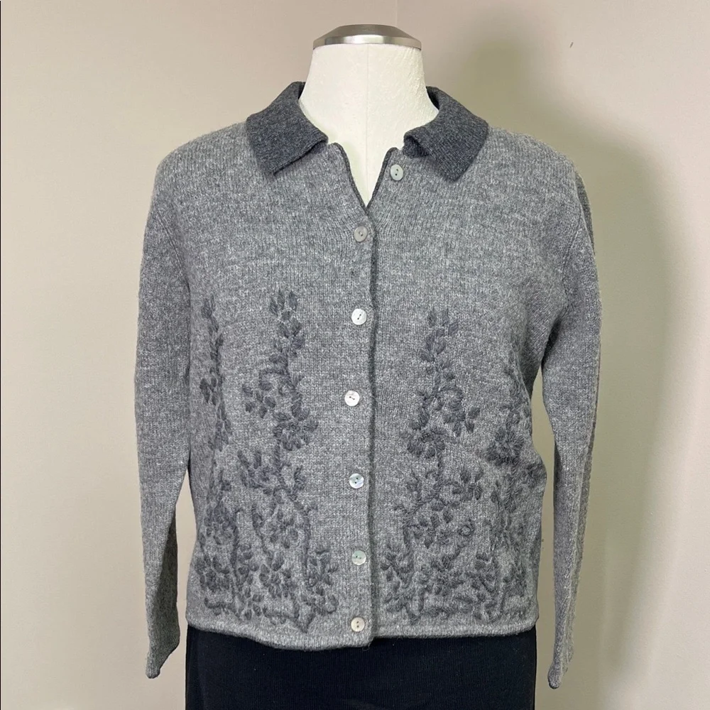 Karen Scott Pure Wool Gray Collared Button Front Embroidered Cardigan Blazer L
